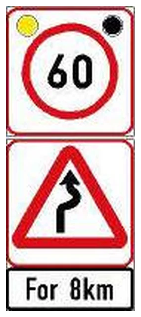 Speed limit and winding road (right-left), for a distance…